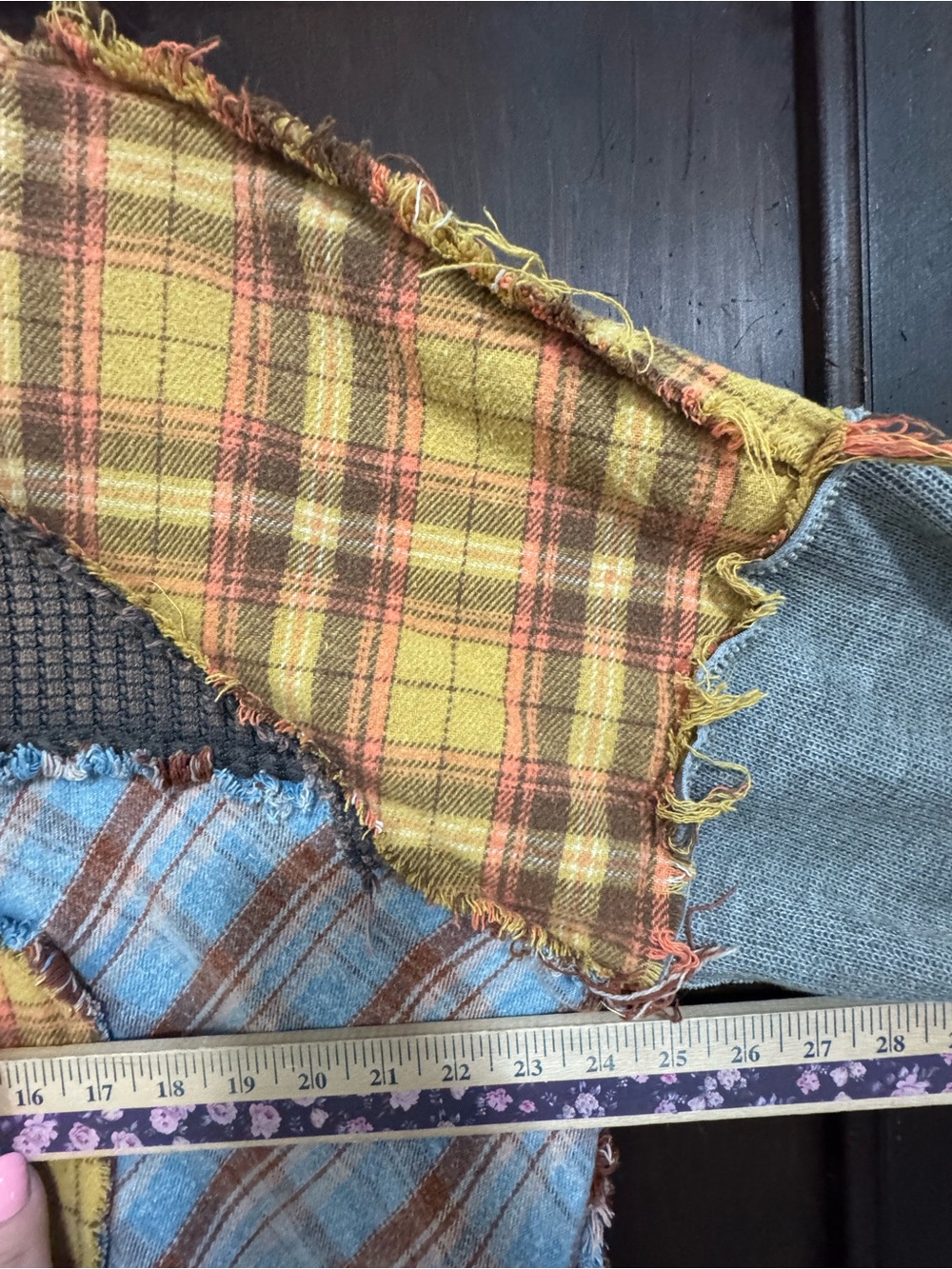 Oli & Hali Patchwork Plaid Pieced Mixed Texture Pullover Sweatshirt Yellow Multi - Picture 8 of 9